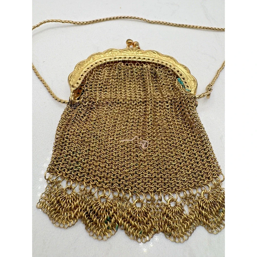 Antique Gilt Chainmail Mesh Coin Purse Evening Bag Vintage Kiss Lock 1940s Gold